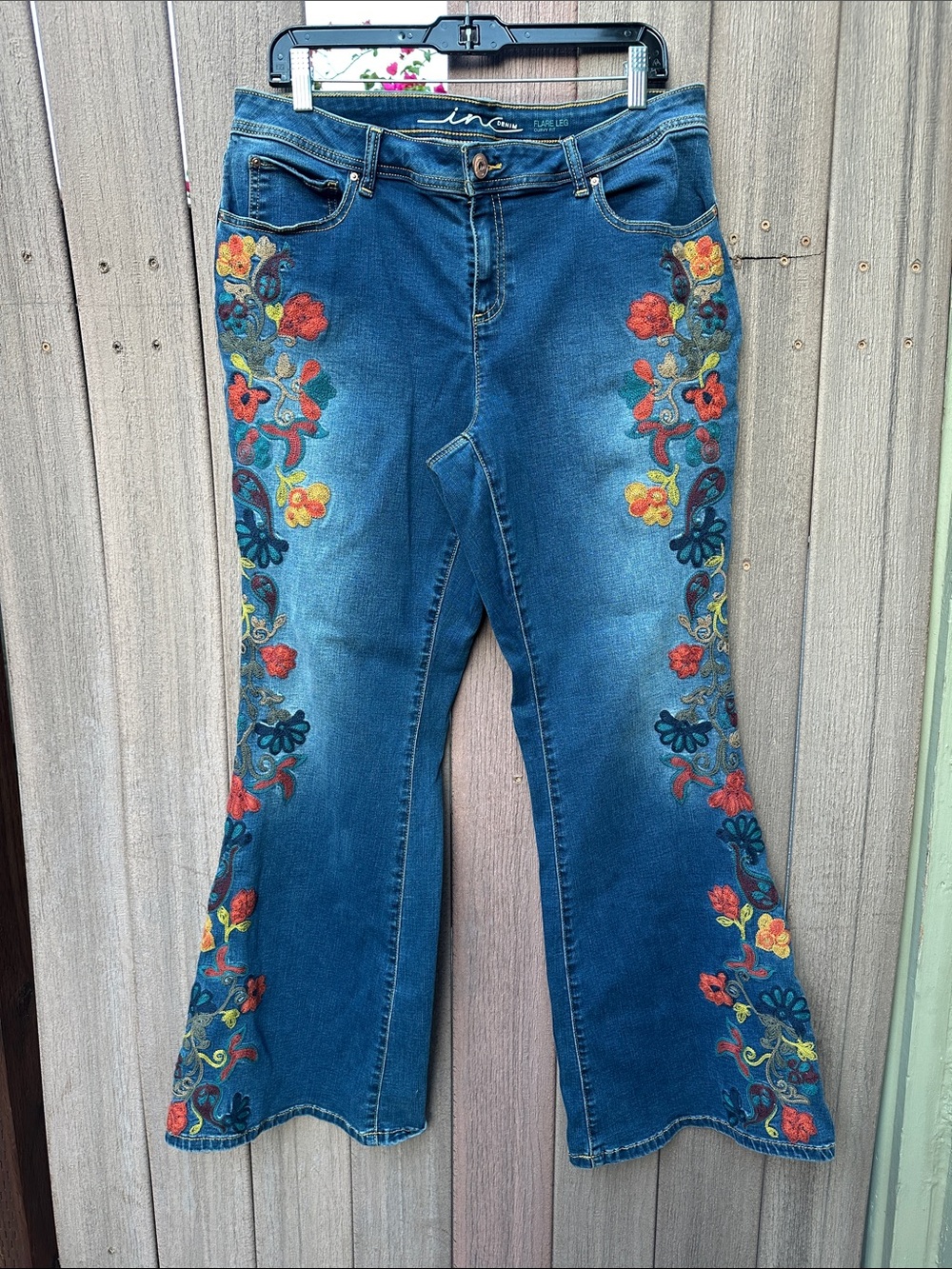 INC | Women’s 14 Curvy Fit Floral Embroidered Boho Flare Leg Jeans